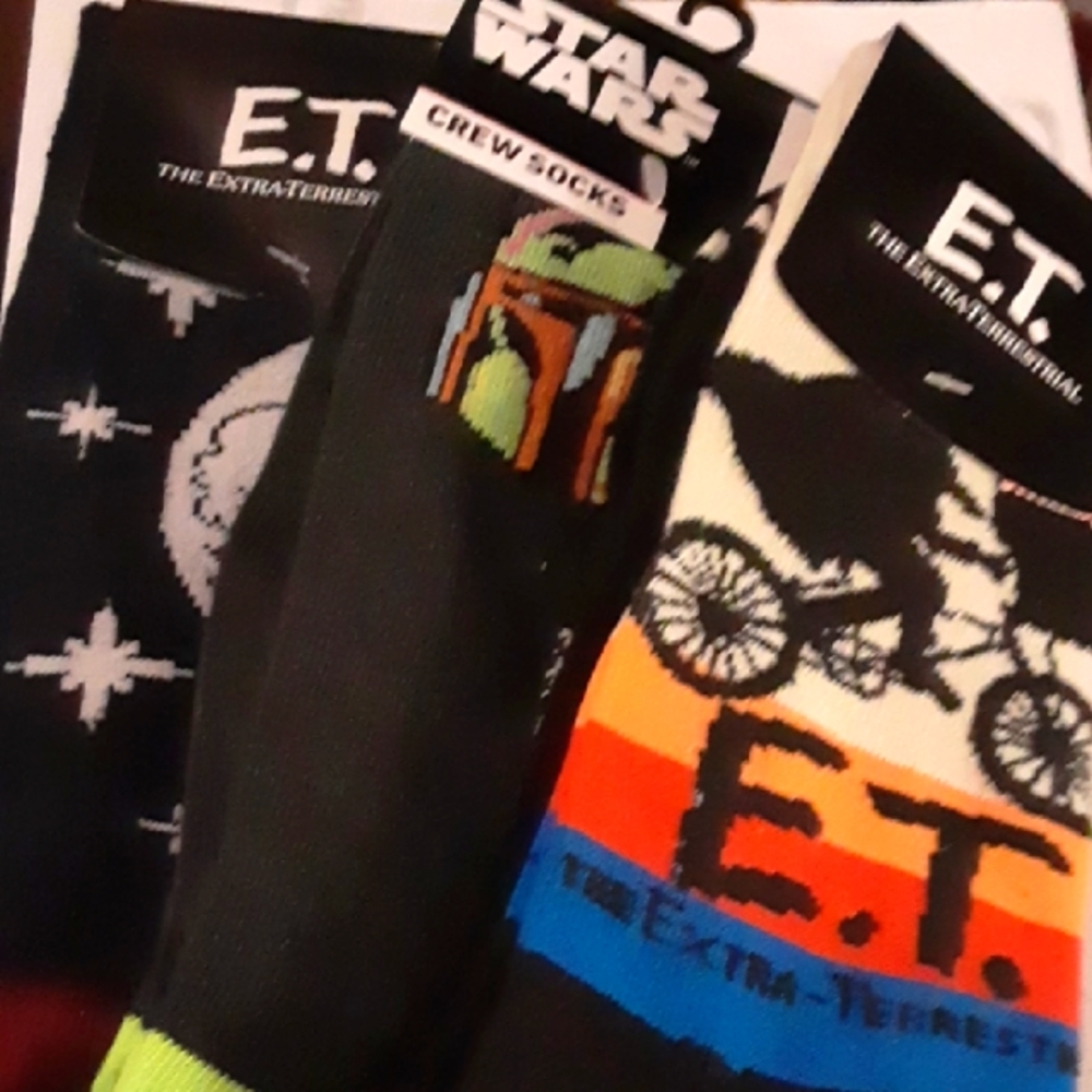 Mens. Crew Socks - Black and Multicolor. E.T And Star WARS